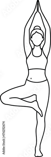 Minimalist Woman Tree Pose Vrikshasana Yoga Line Art Vector - Female Balance Fitness Workout Icon Outline - Wellness Studio Logo Design