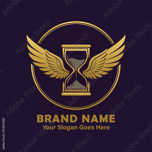 Vector art of golden winged hourglass logo with text brand name and your slogan goes here on dark purple