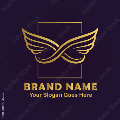 Vector art of golden wings forming an infinity symbol within a golden rectangle on a dark purple background, text below reads brand name your slogan goes here