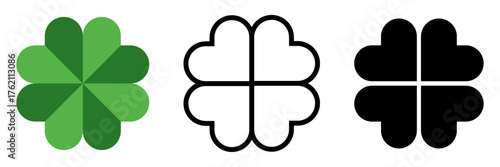 Four leaf clover icons with heart shaped leaves in green black and outline style