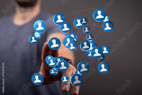 Image of interconnected network representing business people connecting digitally, network, team, global, concept, data, together, success, comm