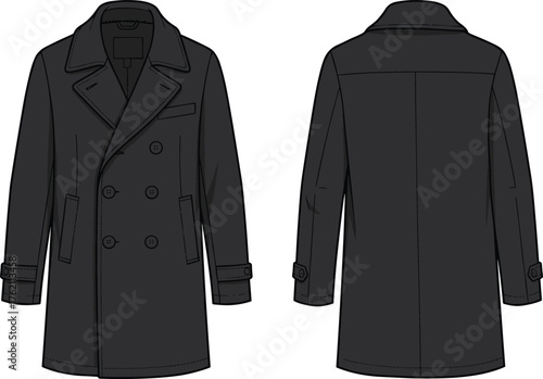 Elegant black double-breasted coat fashion vector illustration front and back view with buttons, lapel collar, pockets, garment design reference
