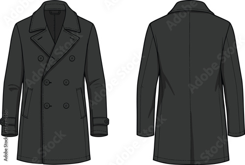 Elegant black double breasted coat vector illustration with front and back view, fashion outerwear design, stylish clothing template for apparel branding