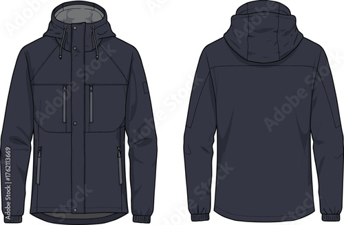 Dark hooded jacket front and back view with zipper pockets, stylish outerwear fashion clothing design for retail, apparel, and product showcase