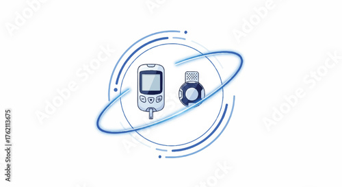 Blue illustration of glucometer and insulin pen for World Diabetes Day on white background with circular lines.