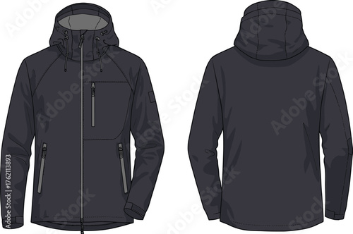 Dark hooded jacket front and back view with zipper pockets, adjustable drawstring hood, modern fashion clothing design vector illustration