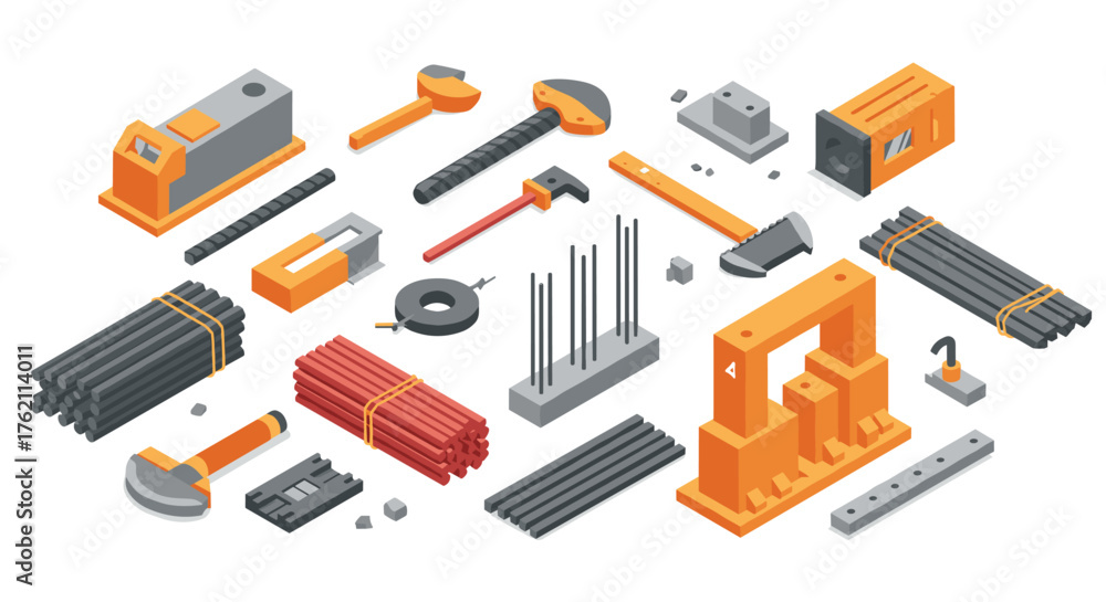 Obraz premium Industrial construction tools and equipment isometric collection