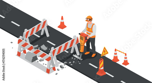 Isometric road repair scene with construction worker and safety barriers