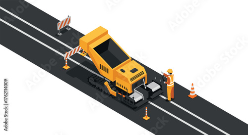 Isometric road construction scene with machinery and worker in safety gear