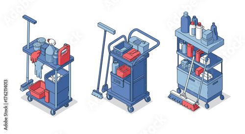 Isometric cleaning carts with supplies and tools on wheels
