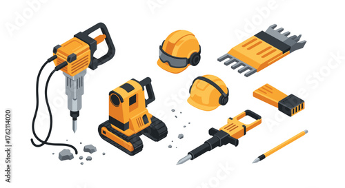 Isometric construction tools set with helmet, jackhammer, drill, and brush