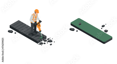 Isometric construction worker using jackhammer on concrete pathway with debris