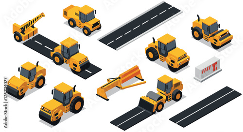 Construction vehicles and road elements isometric set for infrastructure projects