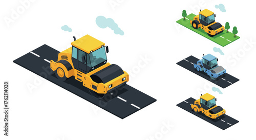 Isometric steamroller collection with road variations and environmental elements
