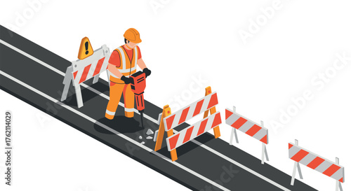Road repair worker with jackhammer on construction site in isometric style