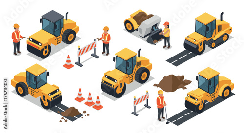 Isometric road construction equipment set with workers and traffic cones