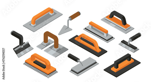 Isometric tool collection with hand trowels and floats for construction and finishing work