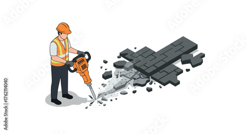 Construction worker using jackhammer on concrete pavement in isometric style