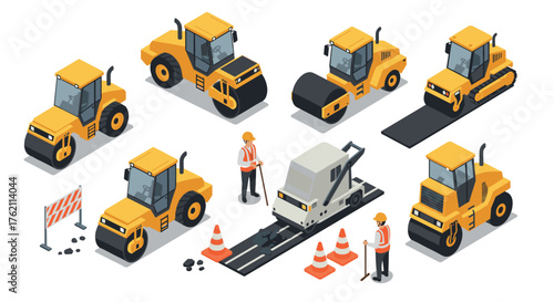 Construction equipment isometric set with workers and road repair tools