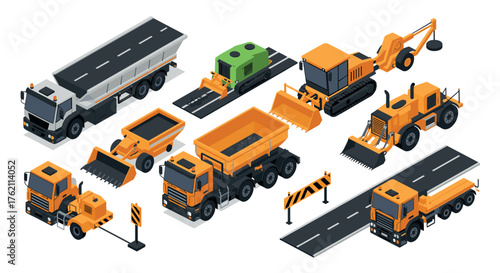 Construction vehicles collection in isometric style with heavy machinery and road elements