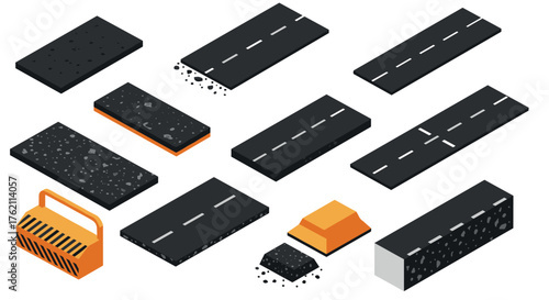 Isometric road elements urban infrastructure set with varied asphalt sections and barriers