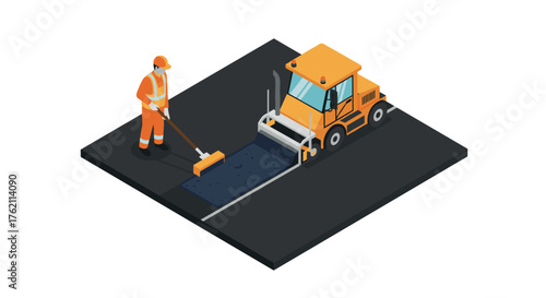 Isometric road maintenance worker and equipment on asphalt paving scene