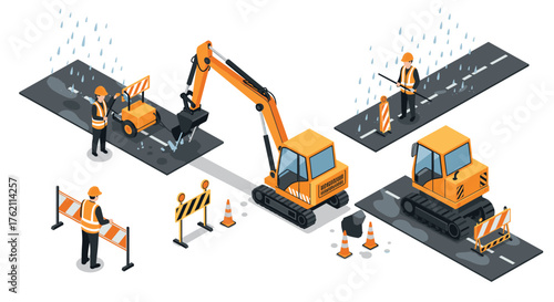Road construction isometric scene with workers and machinery in action