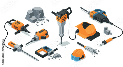 Construction tools isometric set with drill, jackhammer, and safety helmet on white background