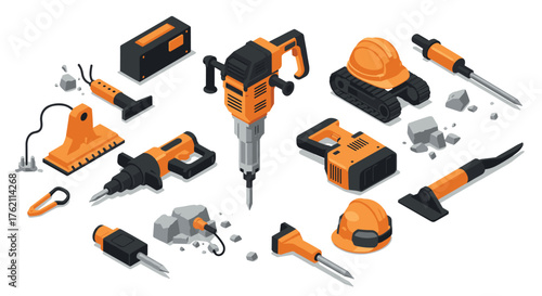 Isometric construction tools set drills, jackhammers, and safety gear in orange and black