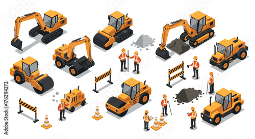 Isometric construction equipment and workers on site with safety barriers