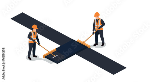 Isometric construction workers paving road with tools and safety gear