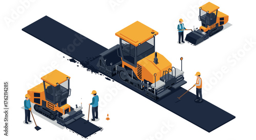 Isometric road construction scene with workers and paving machines on white background