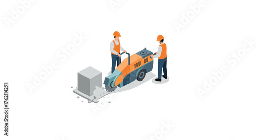 Construction workers operating concrete saw in isometric style