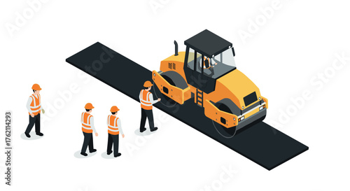 Road construction crew and machinery in isometric style