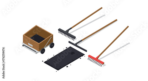 Isometric garden tools and soil box set for landscaping projects