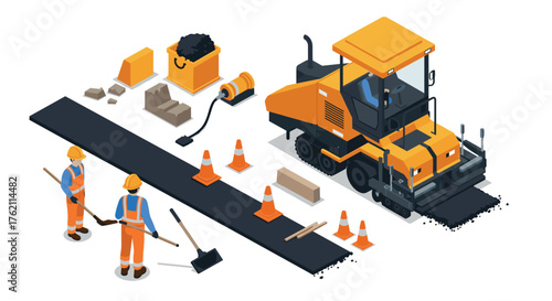 Isometric construction scene with workers and paving machine