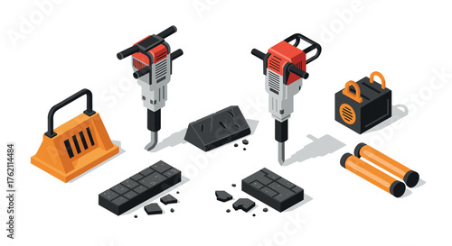 Isometric construction tools jackhammers, barricade, concrete blocks, safety equipment