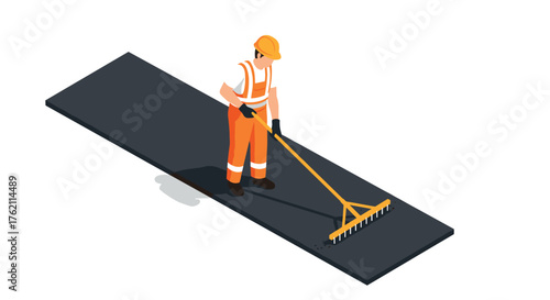 Construction worker in orange uniform using asphalt rake on pavement in isometric style