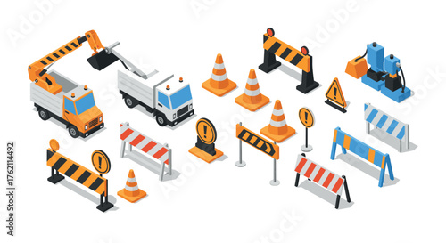 Isometric construction equipment and safety barriers set for design projects
