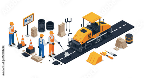 Isometric road construction scene with workers and equipment