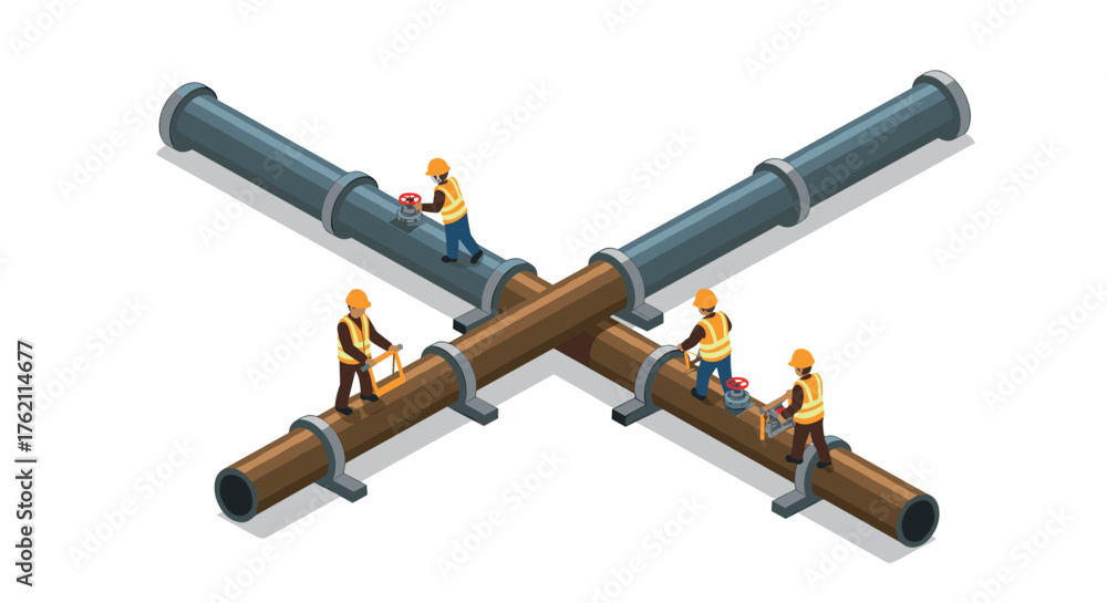 Fototapeta premium Isometric construction workers inspecting crossed pipelines