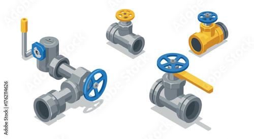 Industrial pipeline components in isometric view with valves and handles