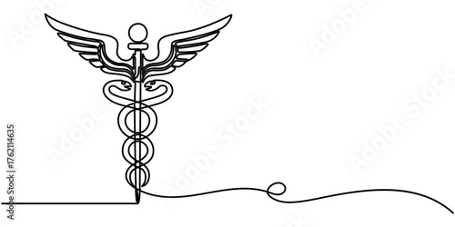 caduceus continuous one line drawing, Caduceus  single line art, continuous one line drawing of  Isolated outline vector illustration. 