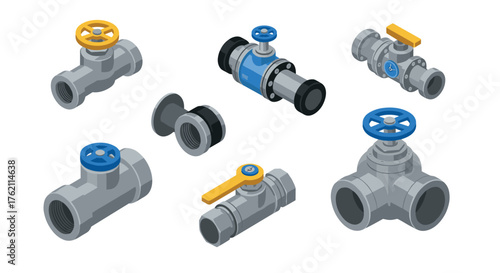 Set of modern isometric pipe fittings and valves in industrial style