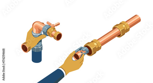 Isometric copper pipe assembly with adjustable wrench and valves