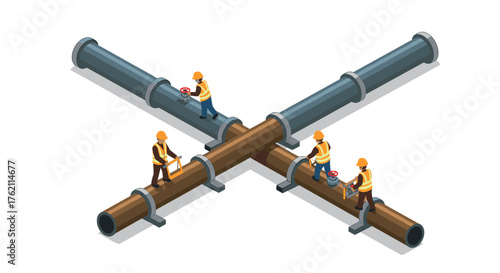 Isometric construction workers inspecting crossed pipelines