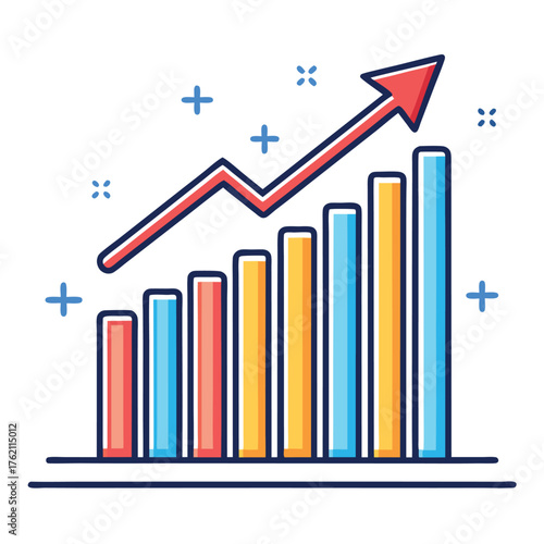Growing bar chart with upward trend arrow and plus signs