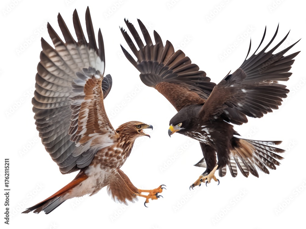 Obraz premium Brown Thrasher vs Crow Battle Mid-Air Isolated