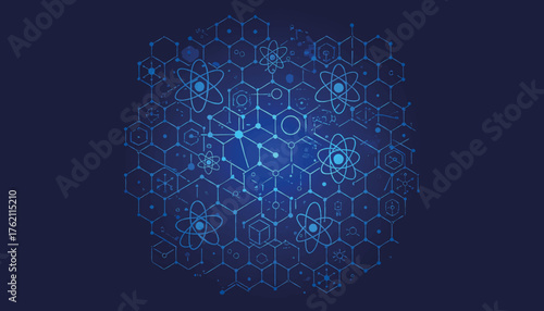 Abstract science and technology background. Vector illustration of a molecular network with atoms and hexagons. Chemistry, physics, and data connection concept