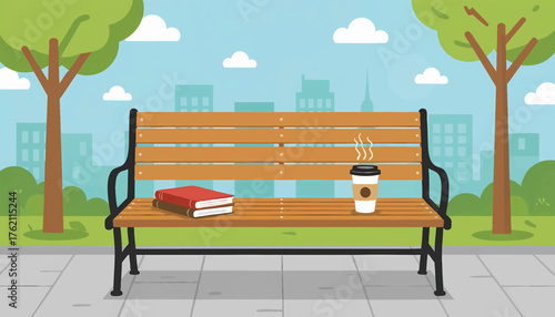 An empty park bench with books and a coffee cup in a city park. Urban leisure and reading concept. Flat design vector illustration